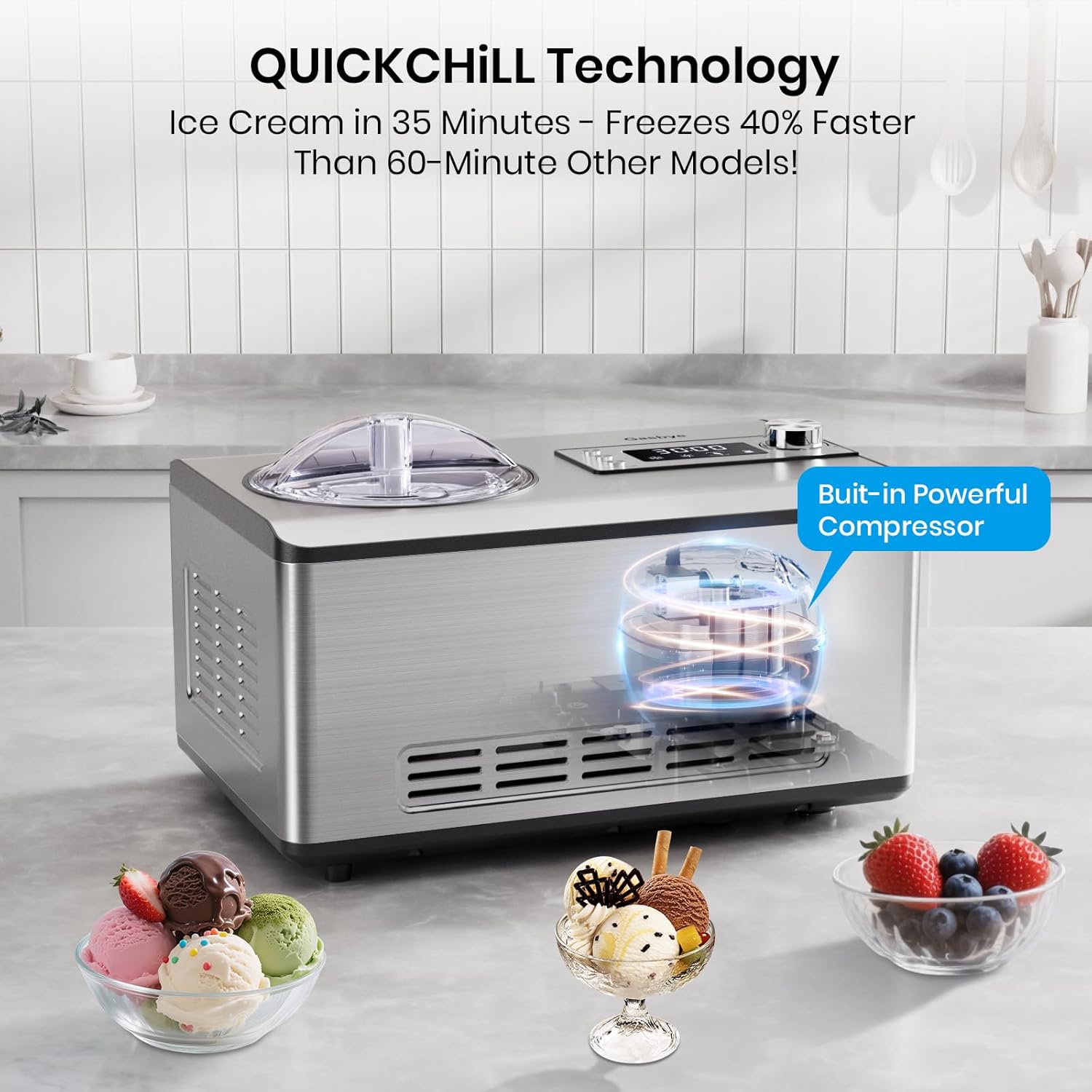 Ice Cream Maker with Upgraded Compressor, 40% Faster Freezing, No Pre-Freezing Needed, LED Display, 2.1 Qt Capacity, Easy Operation for Ice Cream & Yogurt, Stainless Steel