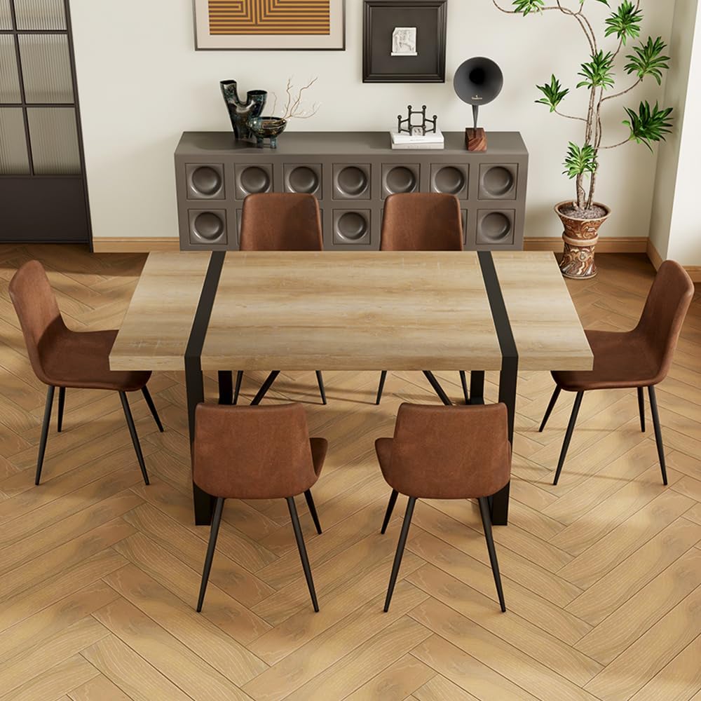 Dining Table Set for 6, 71'' Wood Dining Table and Chairs Set of 6, Modern Rectangle Wood Table, Fabric Dining Chairs 6, Suitable for Home, Kitchen, Dining Room, Living Room