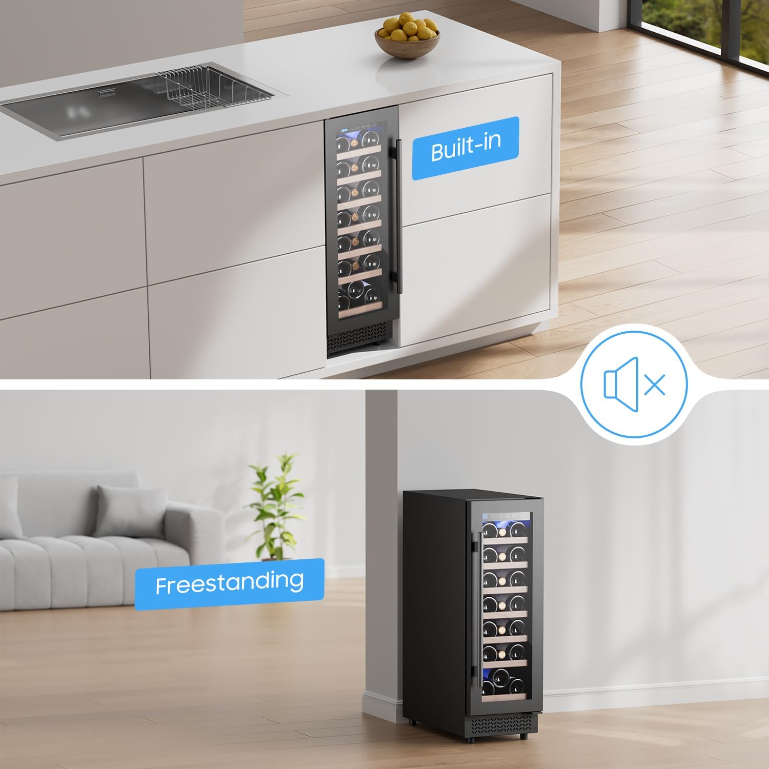12" Wine Cooler Refrigerator 21 Bottle Wine Fridge Built-in or Freestanding with Double-Layer Tempered Glass Door Compressor quick cooling, Low Noise