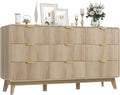 QUW Fluted 59.1" Wide Modern Dresser for Bedroom with 9 Drawers, Tall Chest of Drawers with Metal Handle, Wooden Dresser TV Stand, Hallway, Living Room, Natural Oak