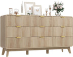 QUW Fluted 59.1" Wide Modern Dresser for Bedroom with 9 Drawers, Tall Chest of Drawers with Metal Handle, Wooden Dresser TV Stand, Hallway, Living Room, Natural Oak