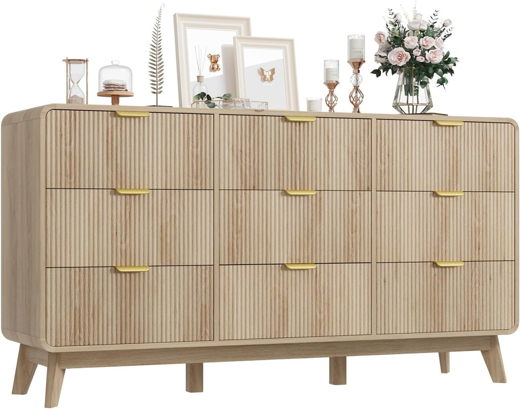 QUW Fluted 59.1" Wide Modern Dresser for Bedroom with 9 Drawers, Tall Chest of Drawers with Metal Handle, Wooden Dresser TV Stand, Hallway, Living Room, Natural Oak