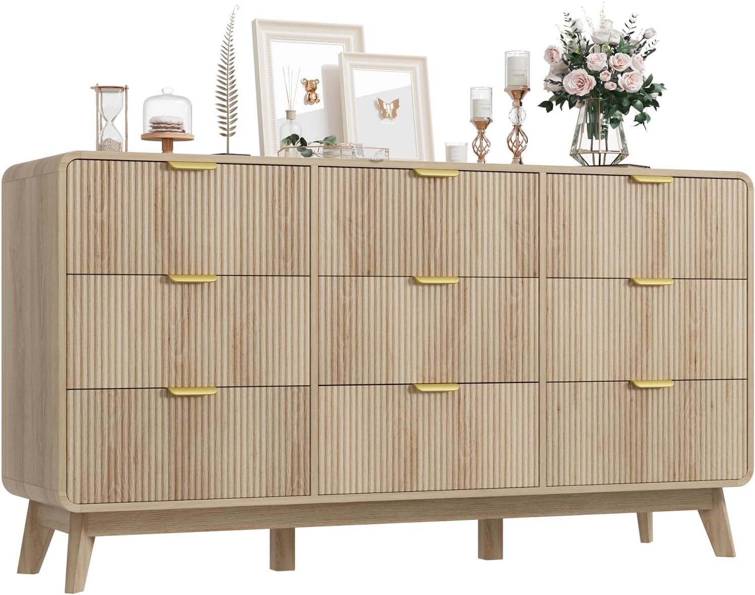 QUW Fluted 59.1" Wide Modern Dresser for Bedroom with 9 Drawers, Tall Chest of Drawers with Metal Handle, Wooden Dresser TV Stand, Hallway, Living Room, Natural Oak