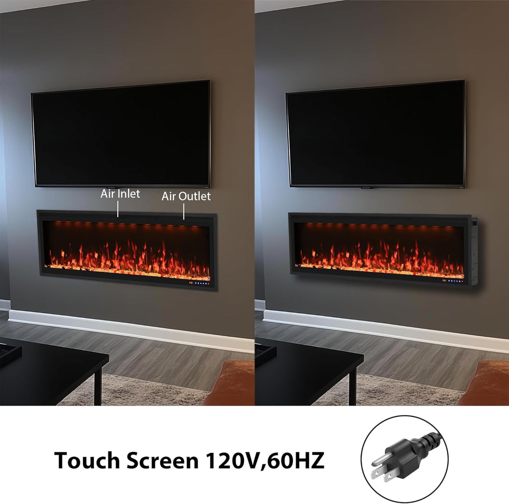 Valuxhome 60inch Recessed Electric Fireplace, Ultra Narrow Frame Design, 13 Flame Colors, 400 Sq.ft, 750/1500W