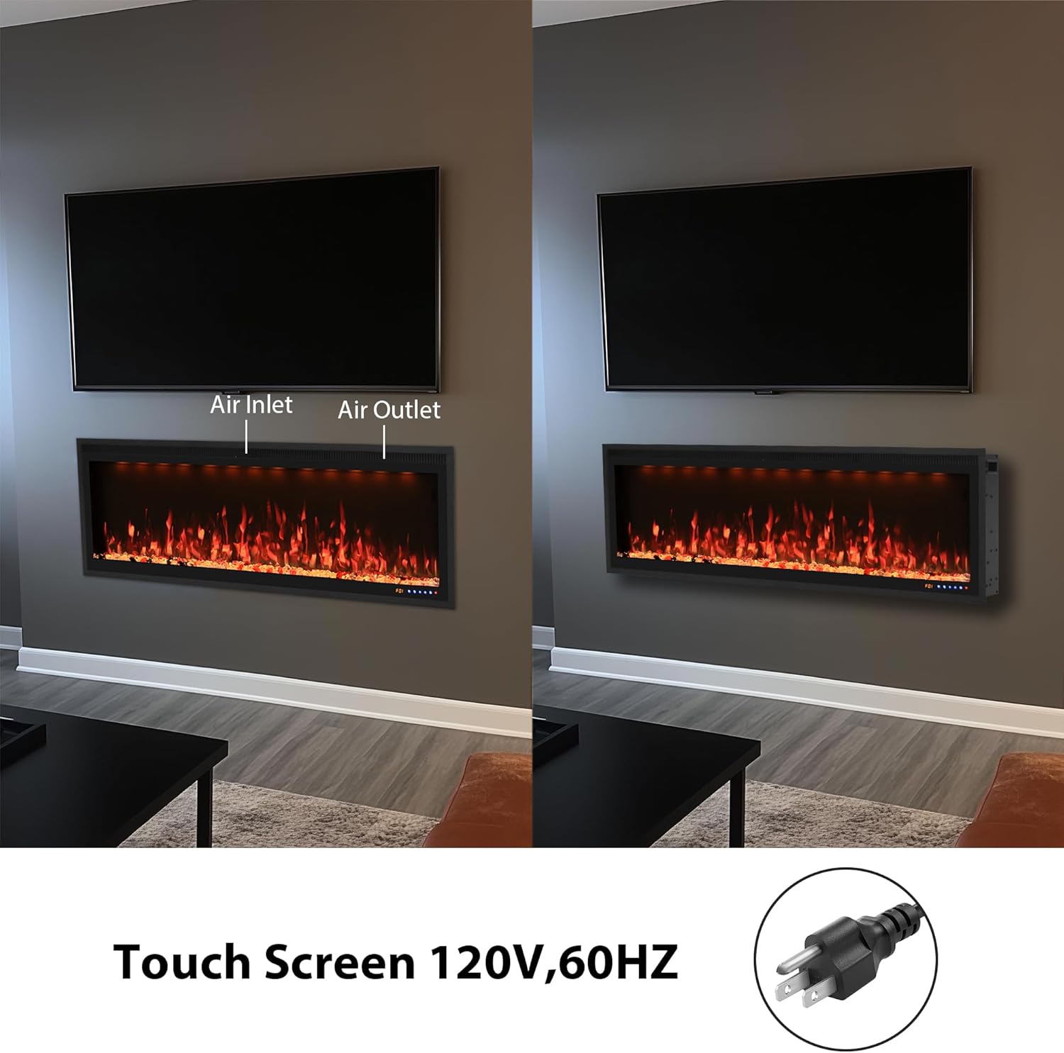 Valuxhome 60inch Recessed Electric Fireplace, Ultra Narrow Frame Design, 13 Flame Colors, 400 Sq.ft, 750/1500W