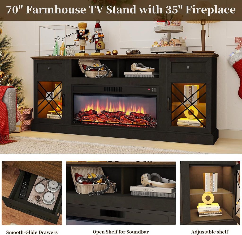70" Fireplace TV Stand for TVs Up to 80" w/ 34" Electric Fire Place, Entertainment Center w/ 2 Glass Doors & LED Lights, TV Stands for Living Room (Espresso, 30" H w/Fireplace)