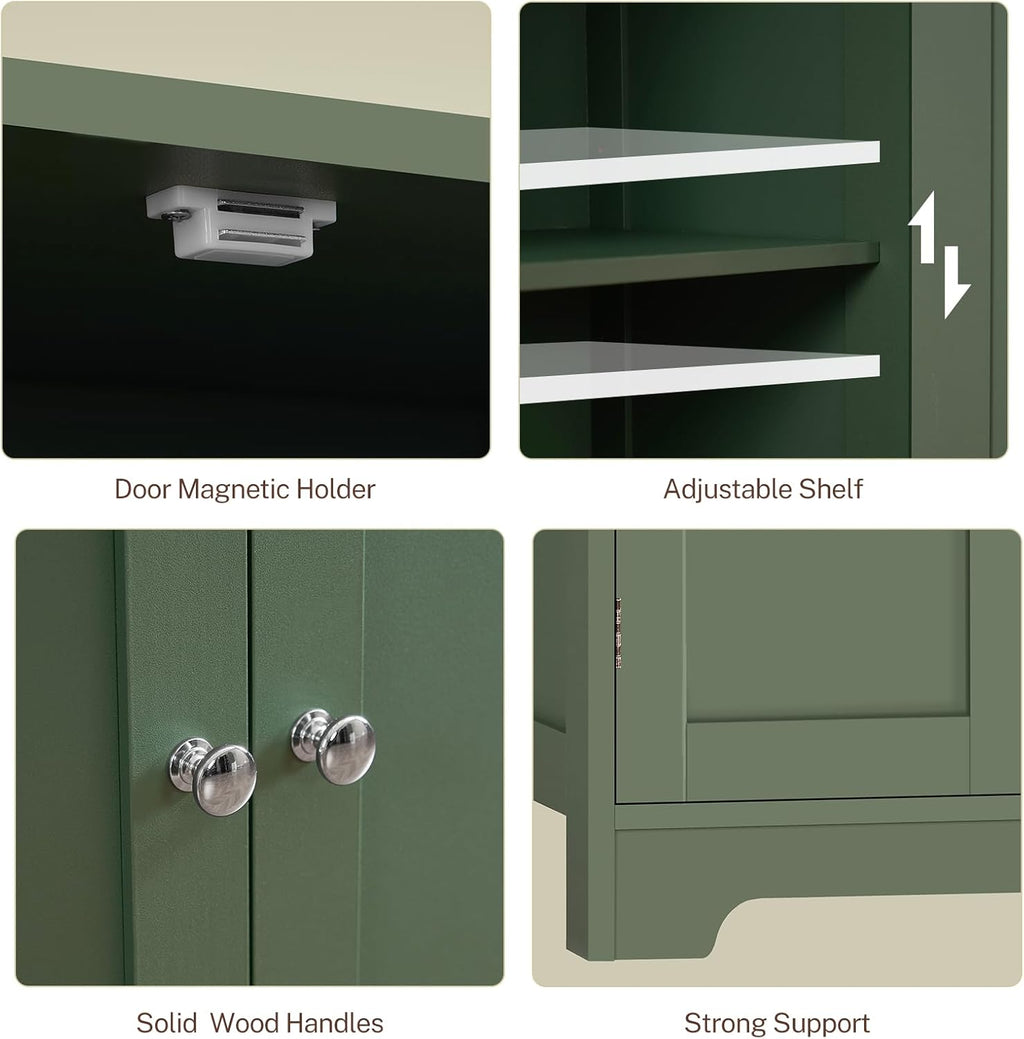 TEENFON Bathroom Storage Cabinet, Bathroom Cabinet with 4 Doors & 2 Adjustable Shelves, Cupboard, Cabinets for Living Room, Entryway, Office, Forest Green