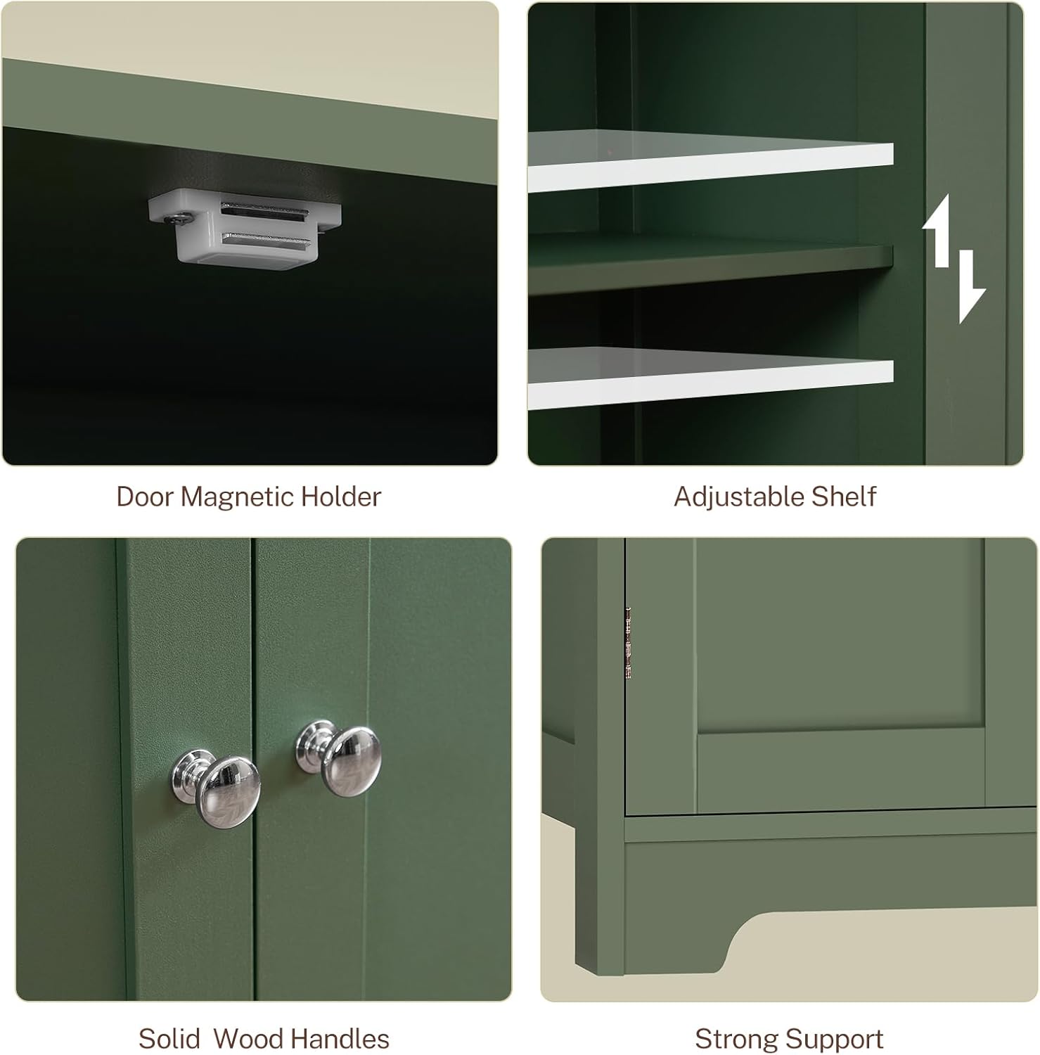 TEENFON Bathroom Storage Cabinet, Bathroom Cabinet with 4 Doors & 2 Adjustable Shelves, Cupboard, Cabinets for Living Room, Entryway, Office, Forest Green