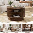 31.5" Round Fluted Coffee Table with Hidden Storage, Modern Wood Coffee Table with Flip-Up Hinged Tabletop, Divided Compartments and Rotating Base for Living Room & Apartment (Walnut)
