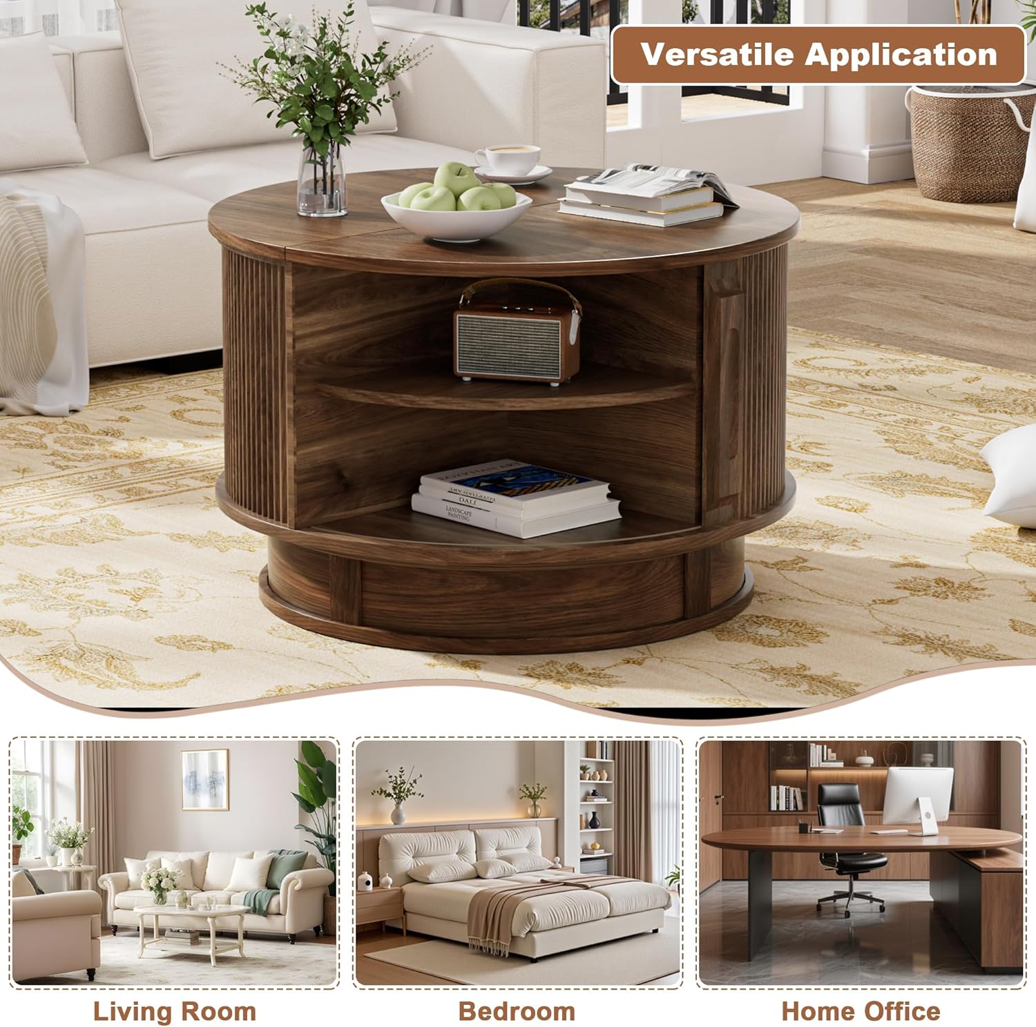 31.5" Round Fluted Coffee Table with Hidden Storage, Modern Wood Coffee Table with Flip-Up Hinged Tabletop, Divided Compartments and Rotating Base for Living Room & Apartment (Walnut)