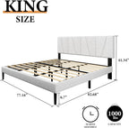King Size Platform Bed Frame with Geometric Upholstered Headboard, Noise Free, Wooden Slats Support, No Box Spring Needed, Easy Assembly, Light Grey, Linen