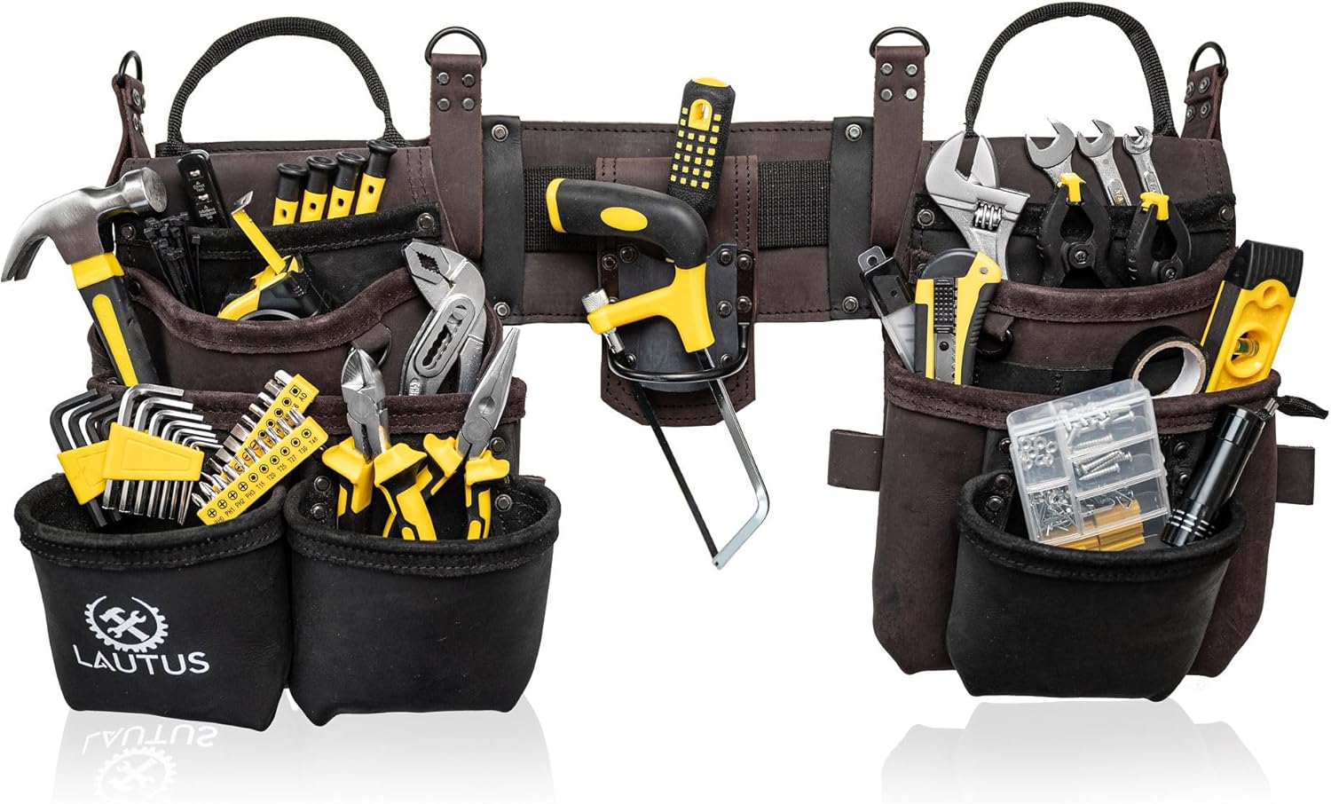 LAUTUS Heavy Duty Top Grain Leather Tool Belt for Framers, Carpenters & Electricians, 18 Pockets, Hammer Holder, 2 D-Rings, 2 Loops, Tape Measure Clip, Thick Belt