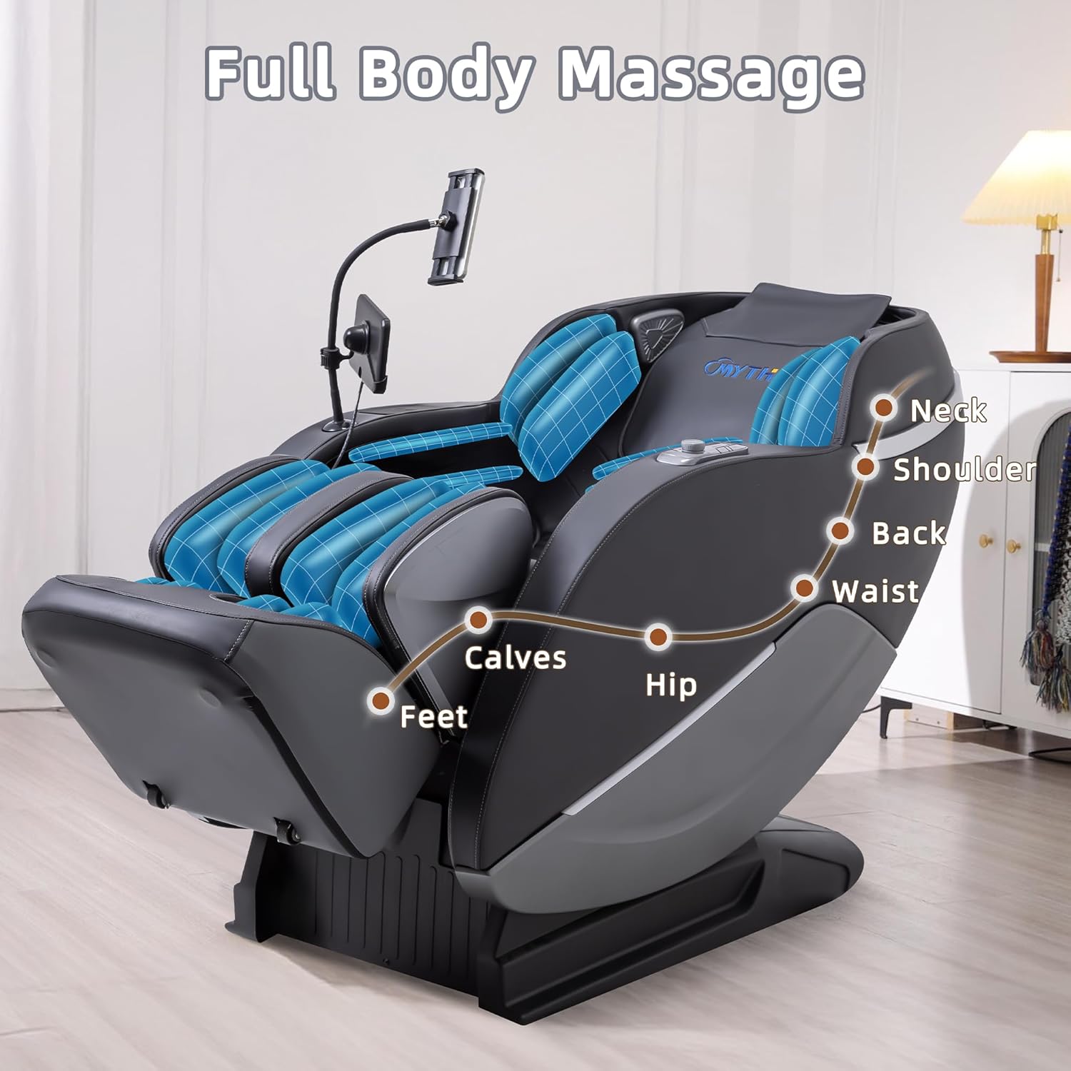 MYTHIA 2026 A303C Massage Chair  Full Body Zero Gravity Recliner with SL Track  Body Scan  12 Auto Modes  Lumbar Heat  Bluetooth App  Wireless Charge  and Foot Rollers for Home and Office (Black)