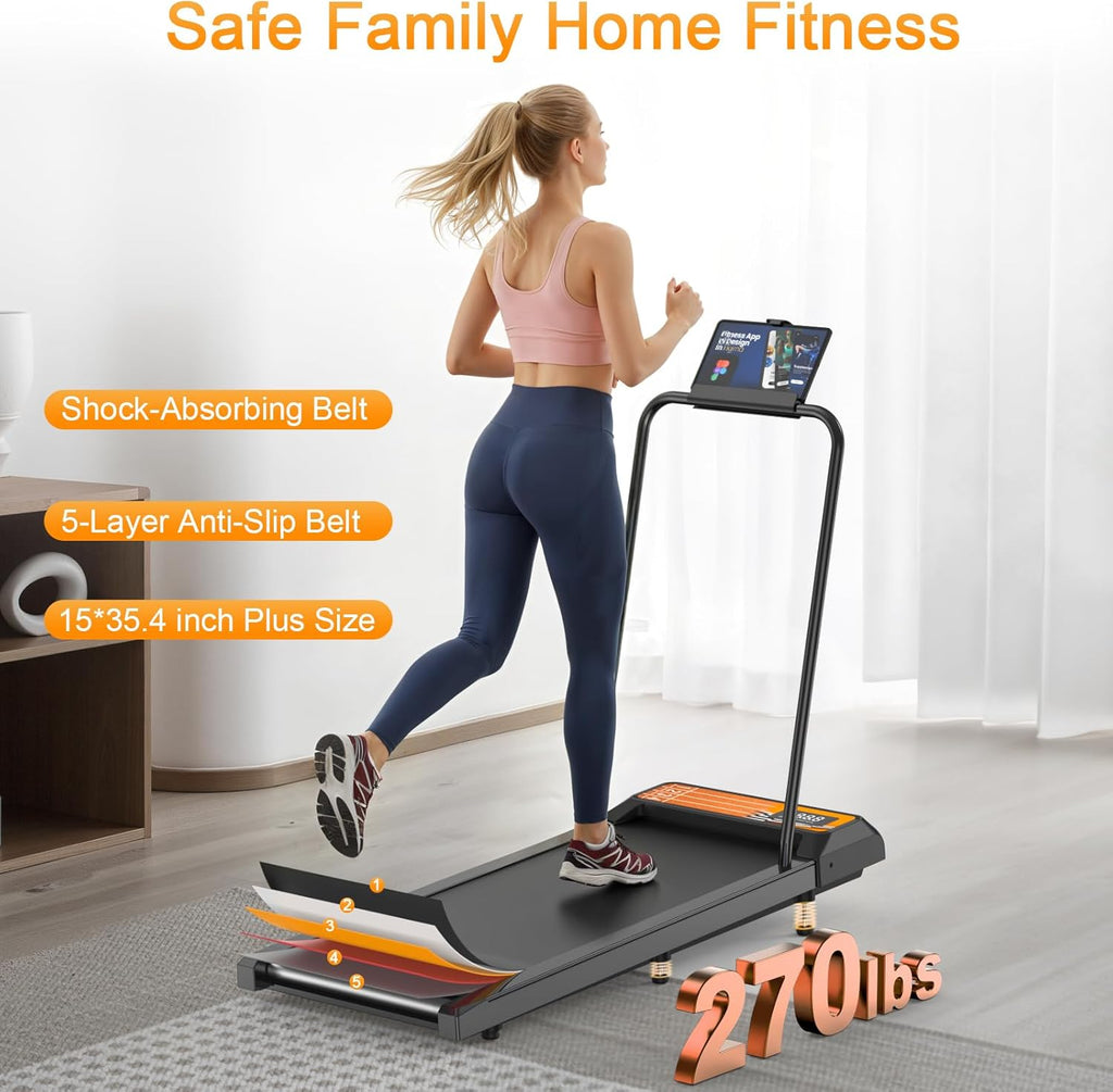 HOELLL Treadmills for Home Small with 0%-8% Incline and APP Sync, Compact Under Desk Walking Treadmill Pad with Handle Bar Removable, Remote Control and LED Display, 2.5HP