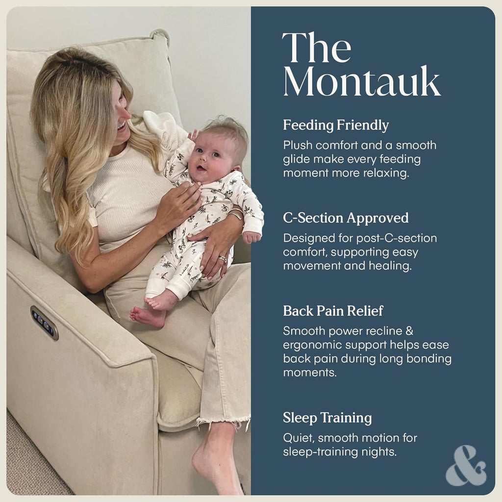 Nurture& Montauk Power Glider Recliner – Premium Nursery Recliner Chair with USB‑A/C, Adjustable Headrest & Gentle Glide, Stain‑Resistant Upholstery, Comfortable & Space‑Smart, Ivory