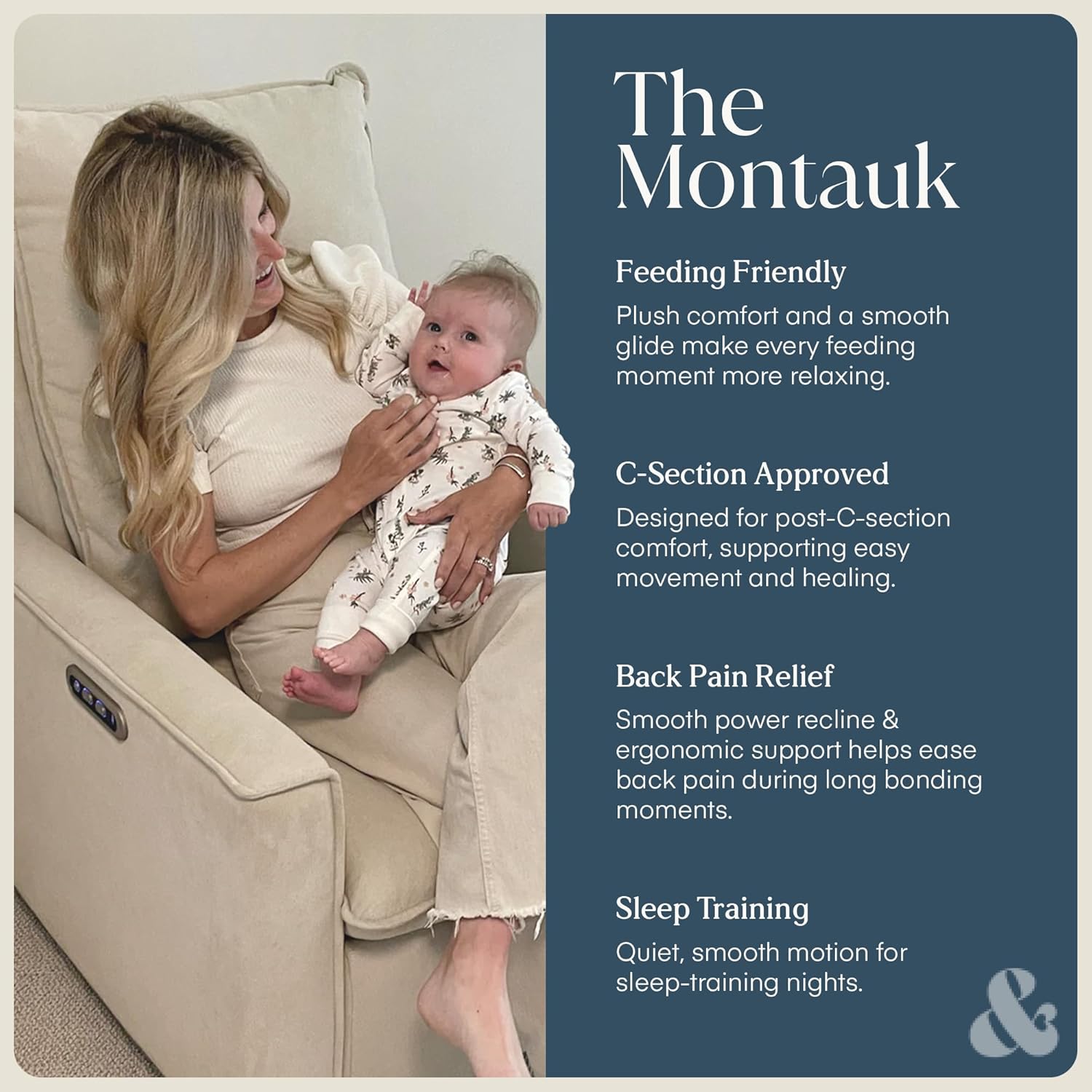 Nurture& Montauk Power Glider Recliner – Premium Nursery Recliner Chair with USB‑A/C, Adjustable Headrest & Gentle Glide, Stain‑Resistant Upholstery, Comfortable & Space‑Smart, Ivory
