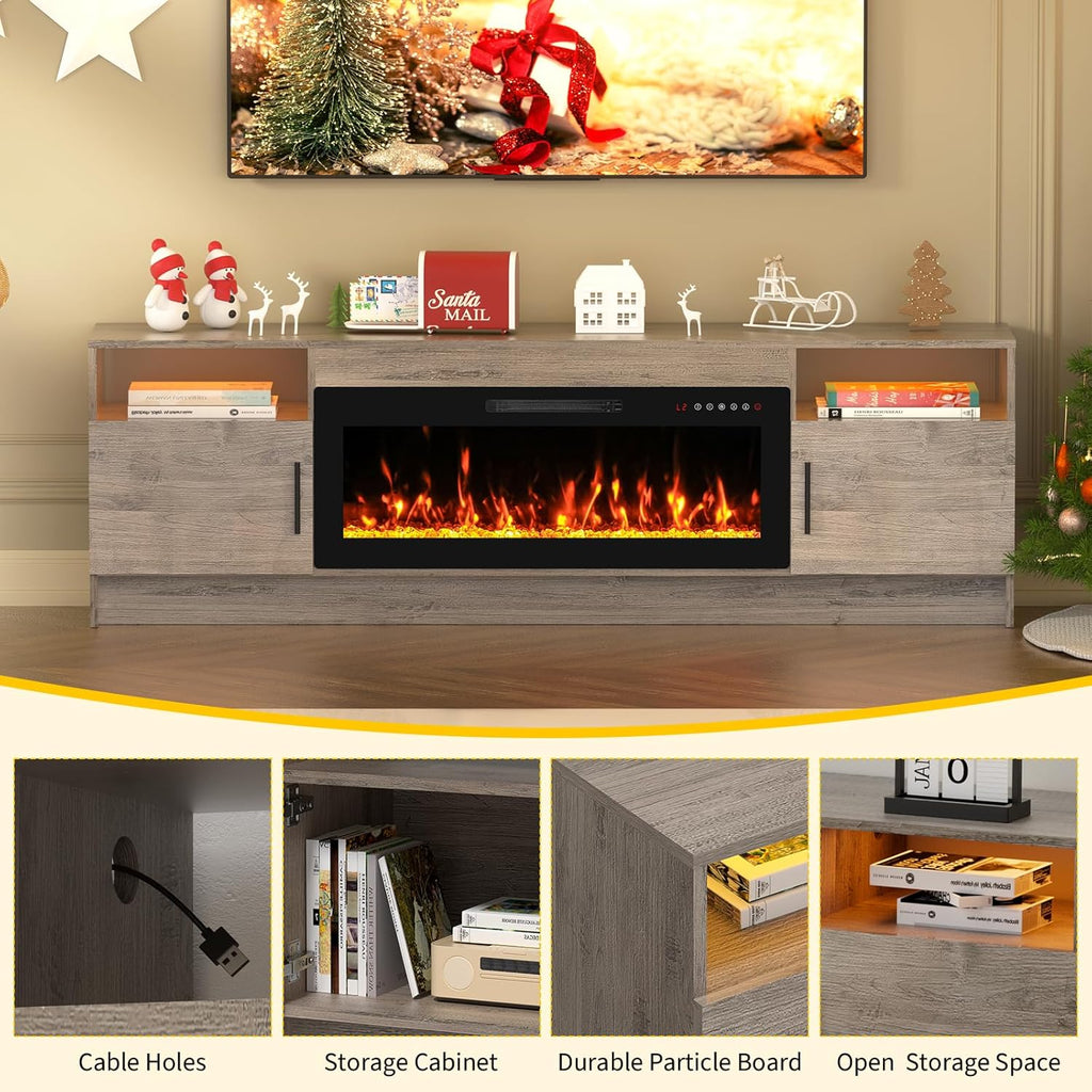 BREEZEHEAT 70 inch TV Stand with Fireplace-Led Entertainment Center for TVs Up to 80 Inch-Fireplace Console with Storage Cabinets, Metal Handles, Rustic TV Stand for Living Room-Grey