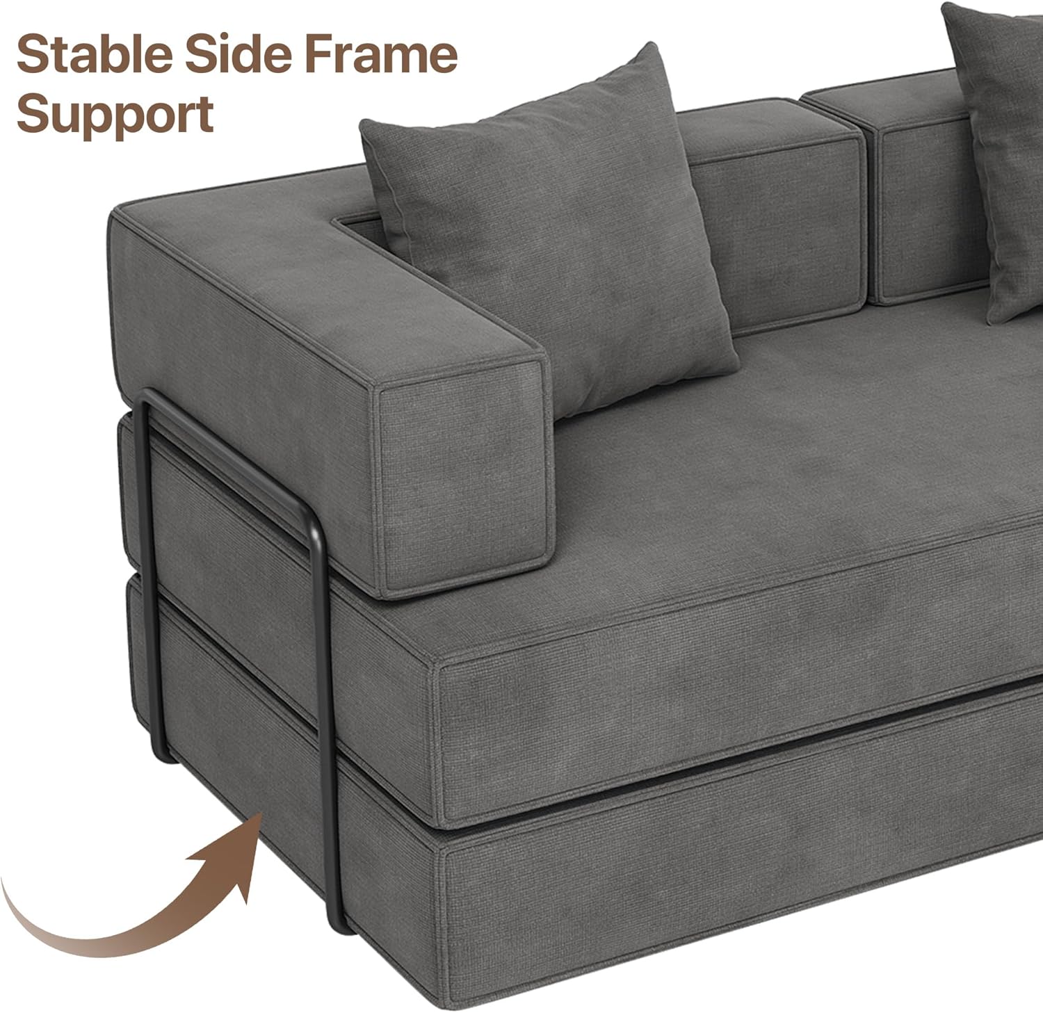 4-in-1 Convertible Sofa Bed, 82“ Compression Sofa with Chenille Fabric Pull Out Sleeper Sofa with 2 Pillows & 4 Side Pockets for Living Room Bedroom Apartment, No Assembly Required, Dark Grey