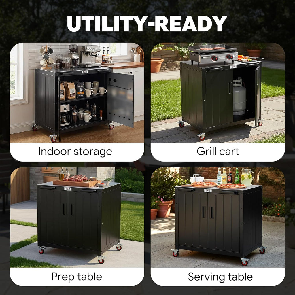 Outdoor Grill Cart with Storage Cabinet and Stainless Steel Top  35-Inch Outdoor Grill Station with Door  Modular Kitchen Island for Food Prep and BBQ  Black & Silver