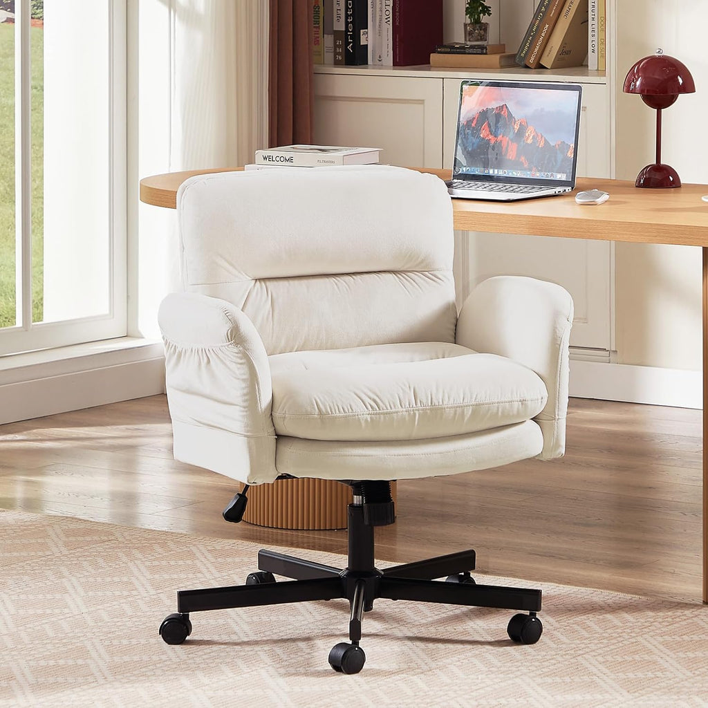 Bestier Criss Cross Office Chair with Flip-Up Arms, Vanity Comfy Chair with Thick Cushion & Wheels, Cross Legged Office Chair for Home Office, Bedroom, Beige Velvet