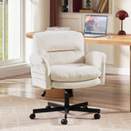 Bestier Criss Cross Office Chair with Flip-Up Arms, Vanity Comfy Chair with Thick Cushion & Wheels, Cross Legged Office Chair for Home Office, Bedroom, Beige Velvet