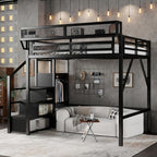 KEIKI Full Size Metal Loft Bed Frame with Convertible Staircase, Built-in Storage Shelves and Wardrobe, Loft Bed with Solid Slats, Guardrail, No Box Spring Required, Easy Assembly, for Bedroom, Black
