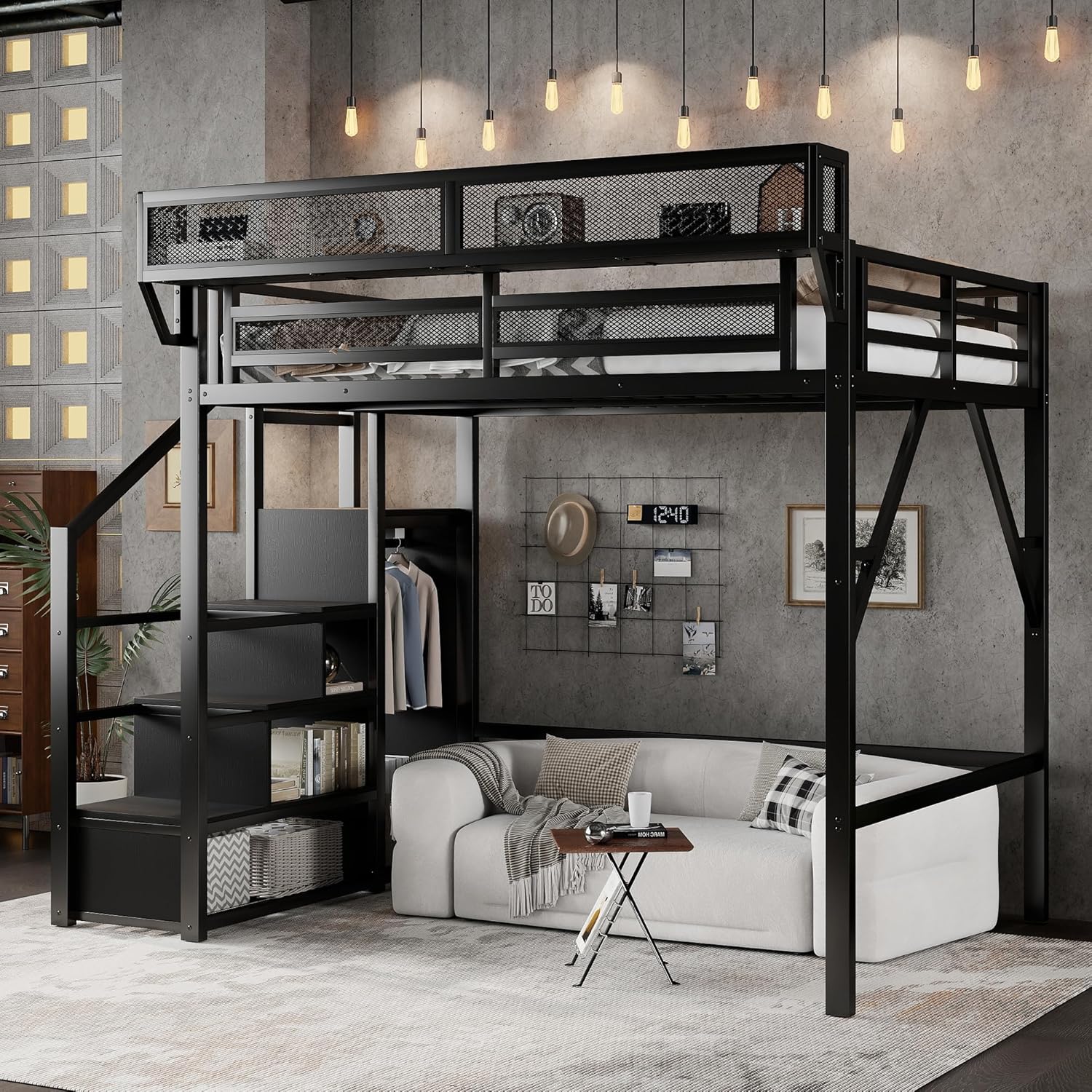 KEIKI Full Size Metal Loft Bed Frame with Convertible Staircase, Built-in Storage Shelves and Wardrobe, Loft Bed with Solid Slats, Guardrail, No Box Spring Required, Easy Assembly, for Bedroom, Black