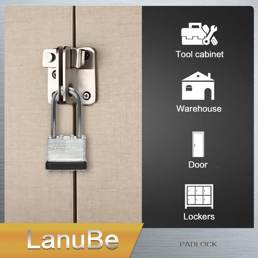 LanuBe Lock Laminated keyed Padlock (1-9/16"  40mm)  keyed Alike Locks  Long Shackle Marked Black Plastic Hoop  Pack of 100