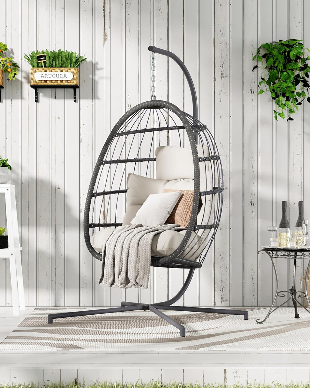 HWB Hanging Egg Chair with Stand, Patio Wicker Egg Swing Chair with Cushion for Bedroom Garden Indoor Outdoor (Beige)