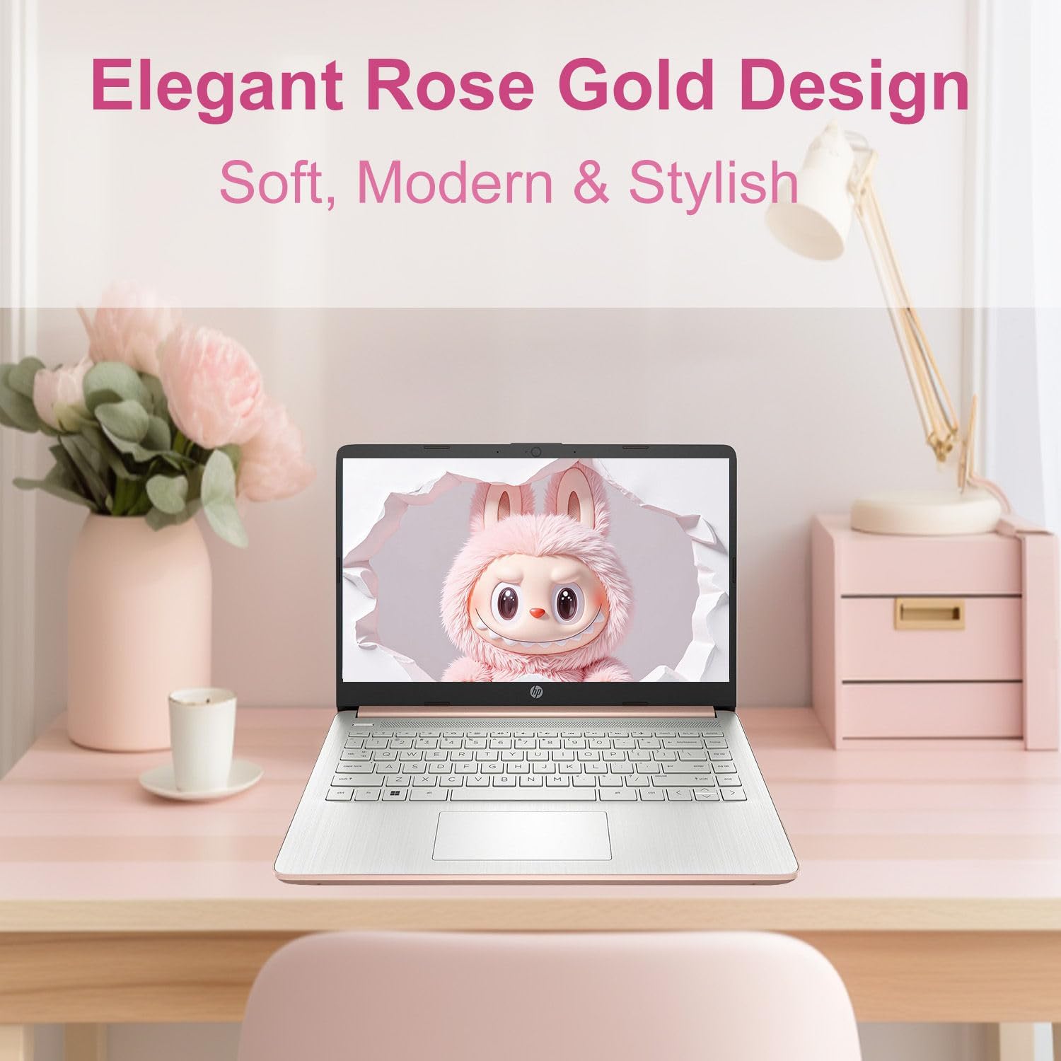 HP 14″Rose Gold Lightweight Laptop  with Office 365 & Copilot AI  Intel Processor  4GB RAM Memory  64GB SSD + 1TB Cloud Storage
