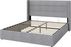 Allewie Queen Size Lift Up Storage Bed, Modern Wingback Headboard, Hydraulic Support, No Box Spring Needed, Light Grey