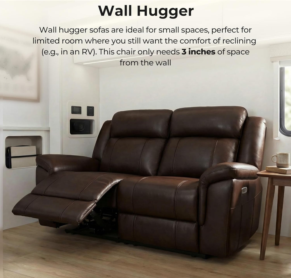 CHITA Genuine Leather Power Recliner Sofa, Wall Hugger Reclining Loveseat with Power Headrest, Charging Ports, Reclining Sectional Couch for Living Room, RV, Dark Brown
