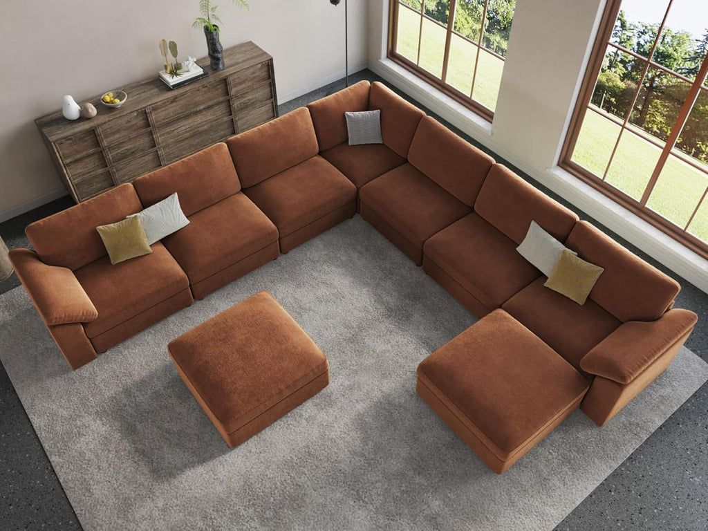 EASE MOOSE Oversized Modular Sectional Sofa with Ottoman, Modern Luxury Wide Deep Modular Couch, U Shaped Couch for Big Spaces Living Room, Brown
