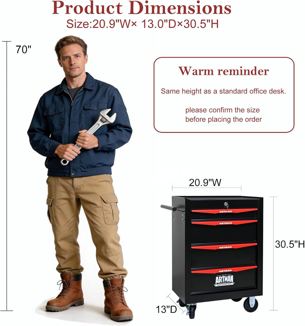 RYH 4/5/6/7 Drawers Rolling Tool Chest - Heavy Duty Mobile Tool Cart with Locking Wheels & Ball Bearing Drawers, 30.5" H x 20.9" W x13 D Garage Tool Storage Cabinet，Metal Tool Box (Black, 4 Drawers)