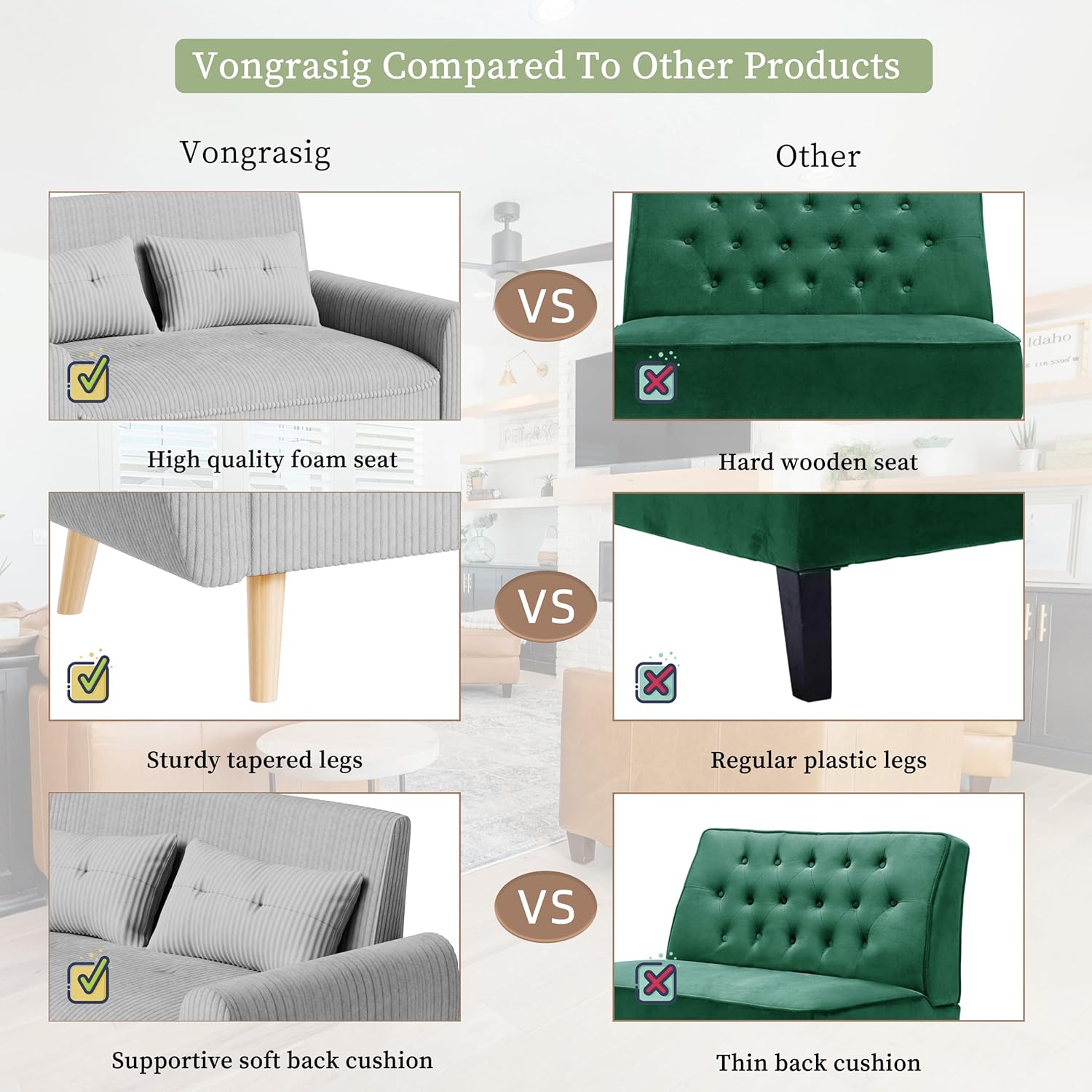 Vongrasig 48" Small Modern Loveseat Sofa, Mid Century Soft Corduroy Fabric 2-Seat Sofa Couch Tufted Love Seat with Back Cushions and Tapered Legs for Living Room, Bedroom and Small Space (Light Gray)