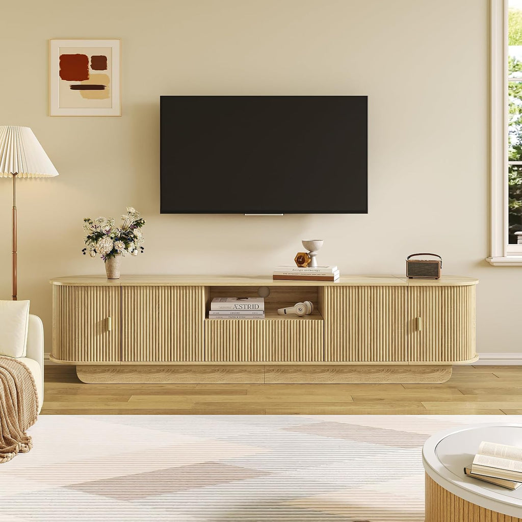 86.61'' Tambour TV Stand for 55-85 Inch, Modern Entertainment Center with Large Storage Cabinet & Open Shelves, TV Console with Sliding Doors for Living Room, Bedroom, Natural