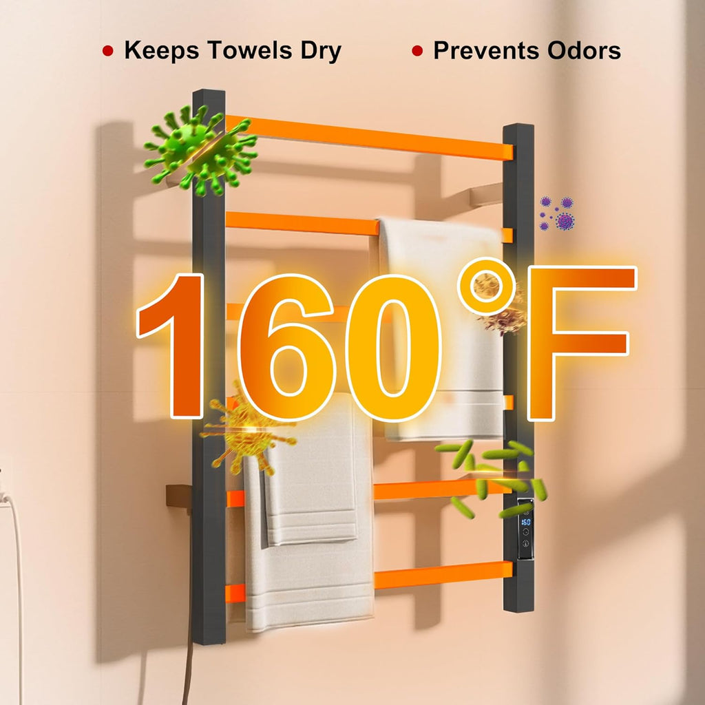 Heated Towel Racks for Bathroom, Wall Mounted Electric Towel Warmer Racks with Timer & Temperature Control, 6 Bar Stainless Steel Towel Heater for Bathroom, Matte Black, Plug-in