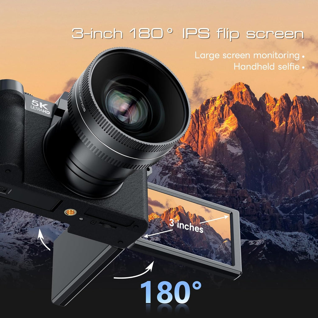 5K&64MP Digital Cameras for Photography&Video  Vlogging Camera for YouTube  Compact Camera with 64GB TF Card  WiFi and Wide-Angle & Macro Len  AUTOFOCUS 16X Zoom for Entry-Level User  Beginners（Black）