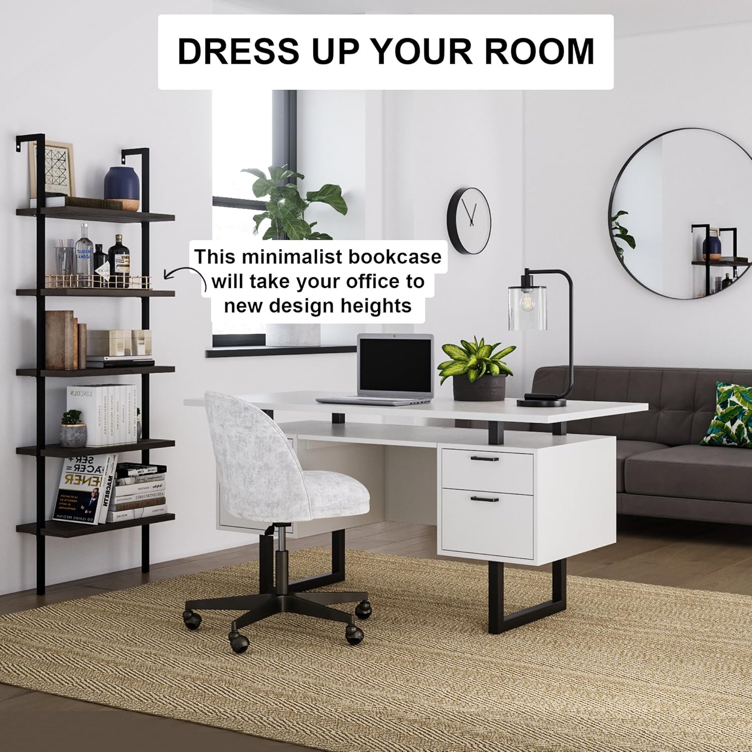 Nathan James 65501 Theo 5-Shelf Wood Modern Bookcase, Open Wall Mount Ladder Bookshelf with Industrial Metal Frame, Dark Walnut Brown/Black, Set of 2