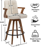 26” Counter Height Bar Stools,Leather Upholstered Bar Chair, Swivel Bar Stools with Back and Arms .Modern Beige Barstool Set of 2 for Kitchen Island