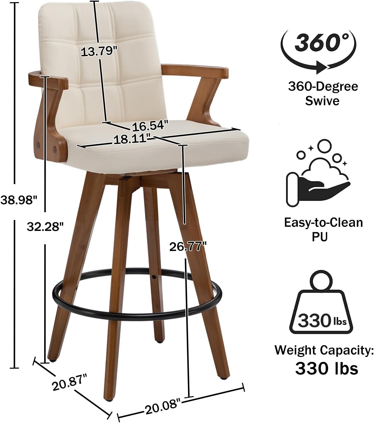 26” Counter Height Bar Stools,Leather Upholstered Bar Chair, Swivel Bar Stools with Back and Arms .Modern Beige Barstool Set of 2 for Kitchen Island