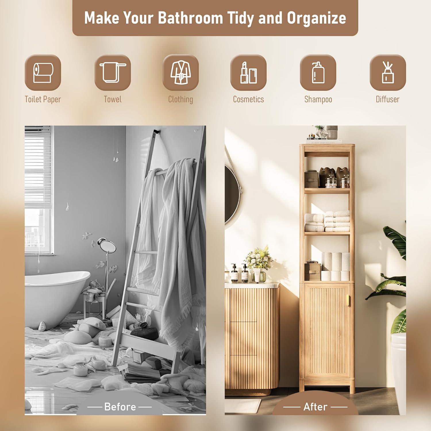 INNOD 68'' Tall Narrow Storage Cabinet with Adjustable Shelf and Door, Bathroom Storage Cabinet, Space Saver for Bathroom, Kitchen, Living Room, Natural Oak