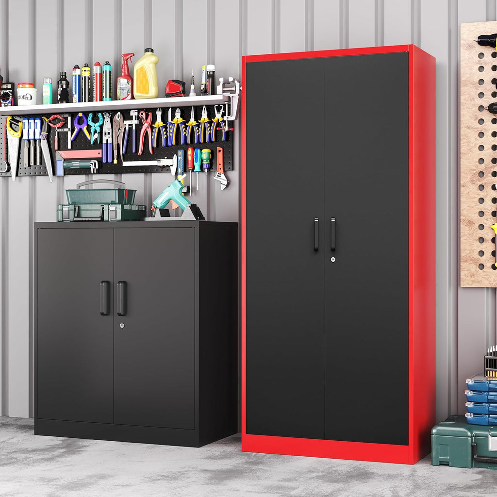 Metal Storage Cabinet with Lock,71 Inch Garage Cabinet with 2 Doors and 5 Adjustable Shelves,Steel Storage Cabinets for Garage,Home Office,Pantry,School(Red & Black)