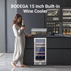 BODEGA 15” Wine Cooler, 30 Bottle Dual Zone Wine Fridge With Double-Layer Glass Door, Freestanding or Built-In Wine Fridge with Blue LED Light & Stainless Steel Handle, for Home, Kitchen,Bar, Black.