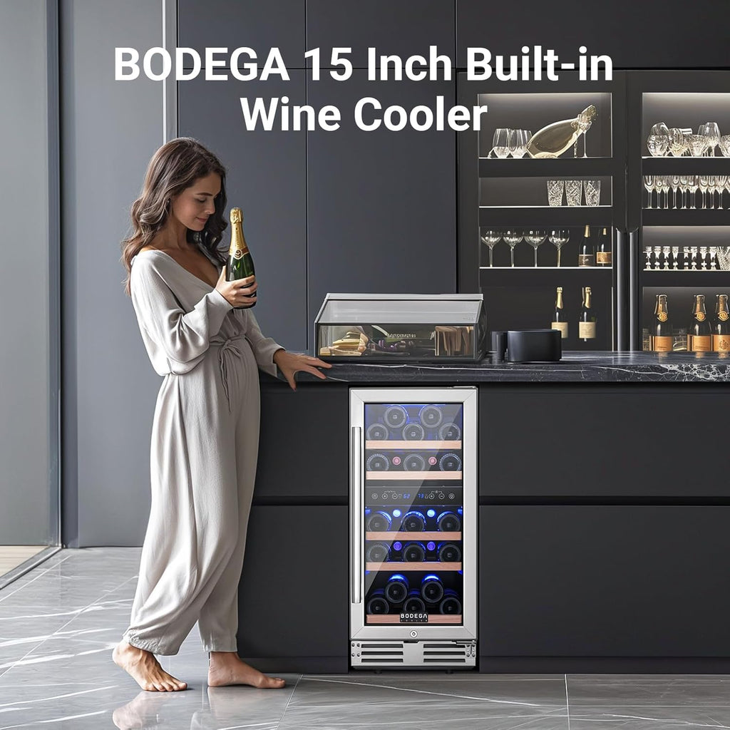 BODEGA 15 Inch Wine Fridge, 30 Bottles Dual Zone Wine Cooler, 41-68°F Wine Refrigerators Free standing, Soft LED Dual Zone Wine Fridge, Built-in or Freestanding for Home/Bar/Kitchen (3.2 cu.ft), Black