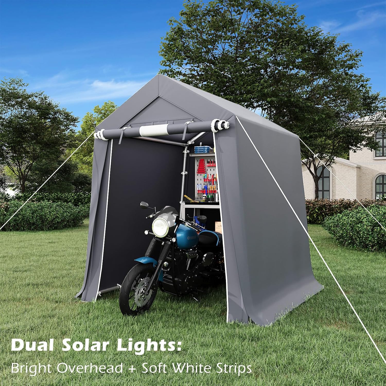 EROMMY 6x8 FT Carport Storage Shed, Heavy Duty Outdoor Storage Shed with Rolled up Zipper Door, Carport Canopy for Motorcycles, Bikes and Outdoor Tools