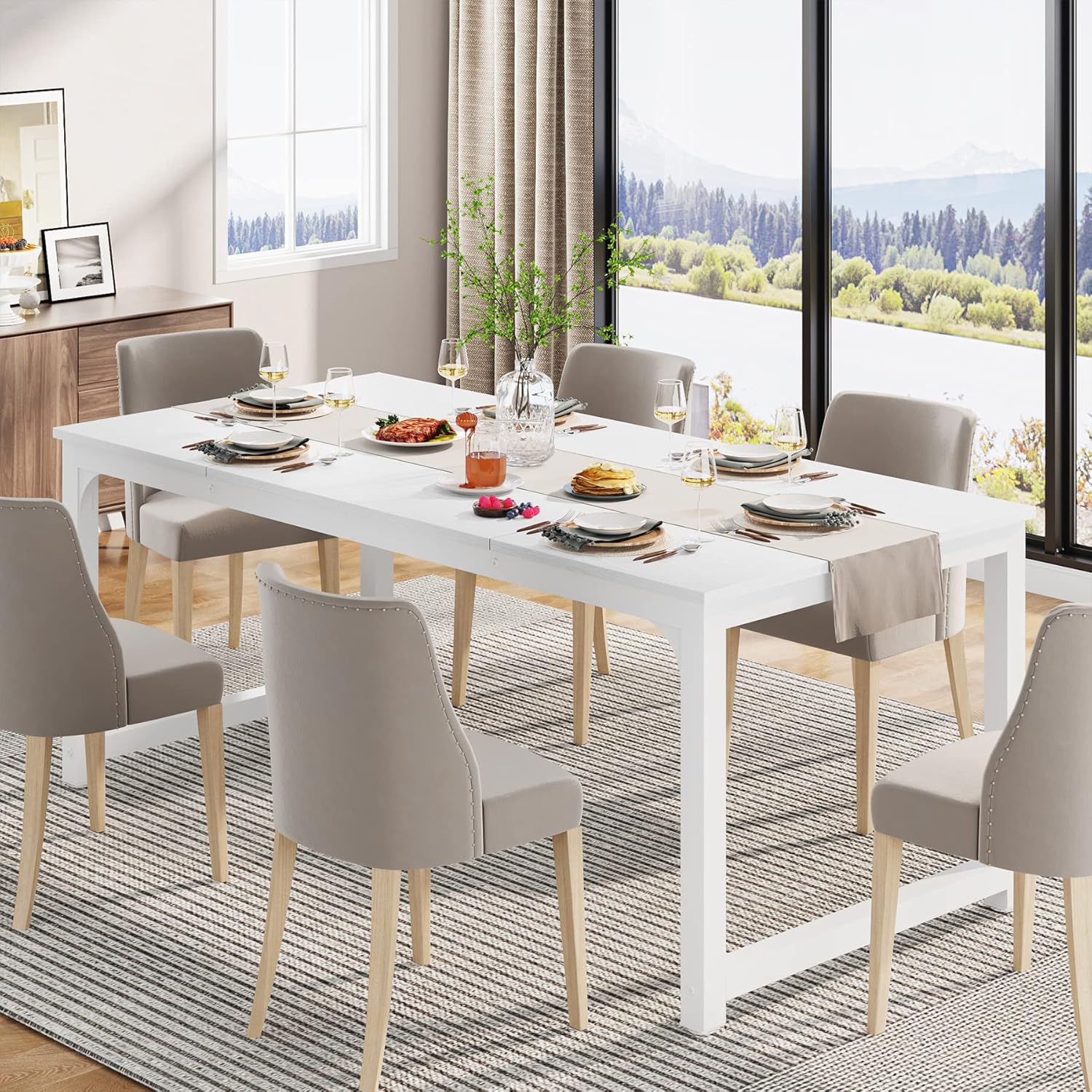 LITTLE TREE 70.9 Inch Large Dining Table Rectangular Kitchen Furniture for 6 to 8 People, White
