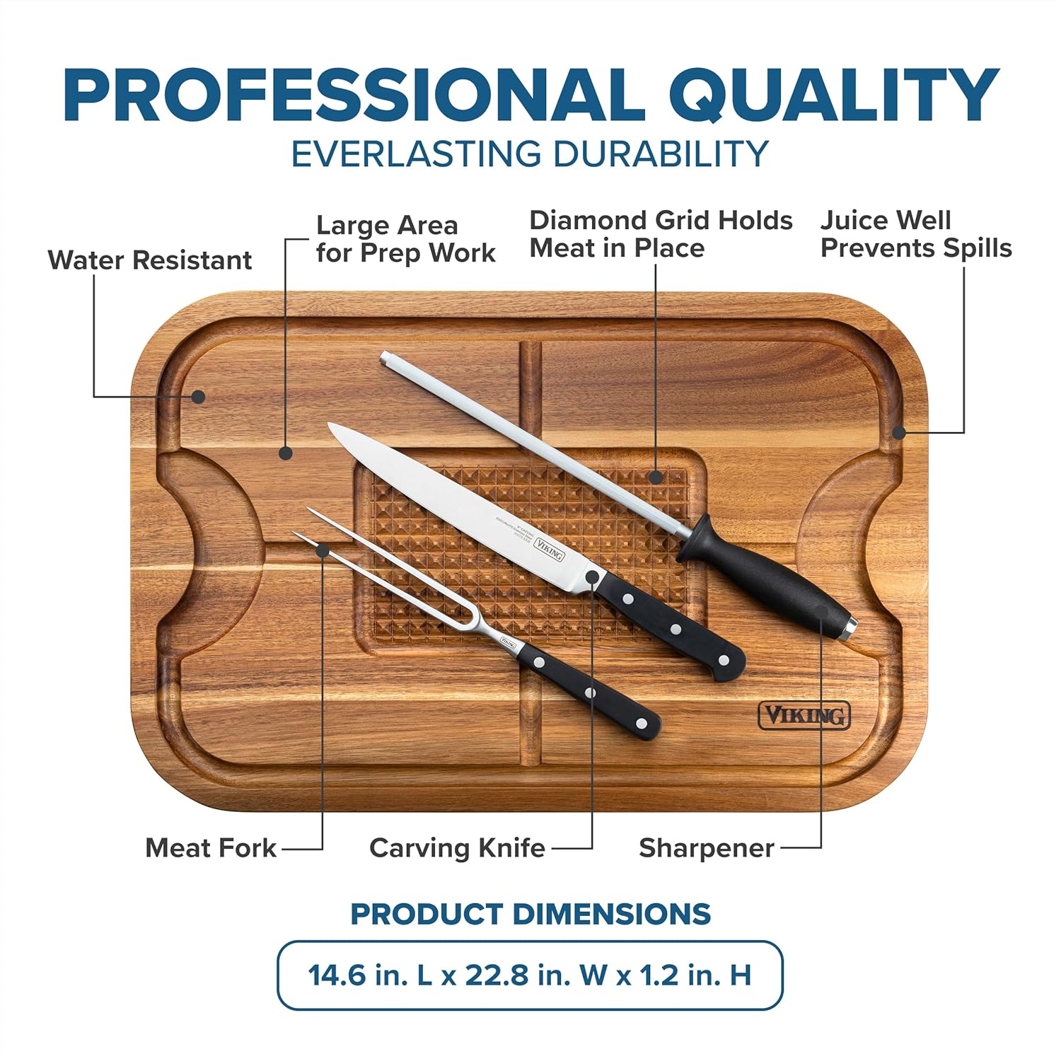 Viking Cutting Board and 3-Piece Carving Set, Oversized Acacia Wood Carving Board with Fork, Knife, and Sharpening Steel, 21.8 x 14.6 Inch