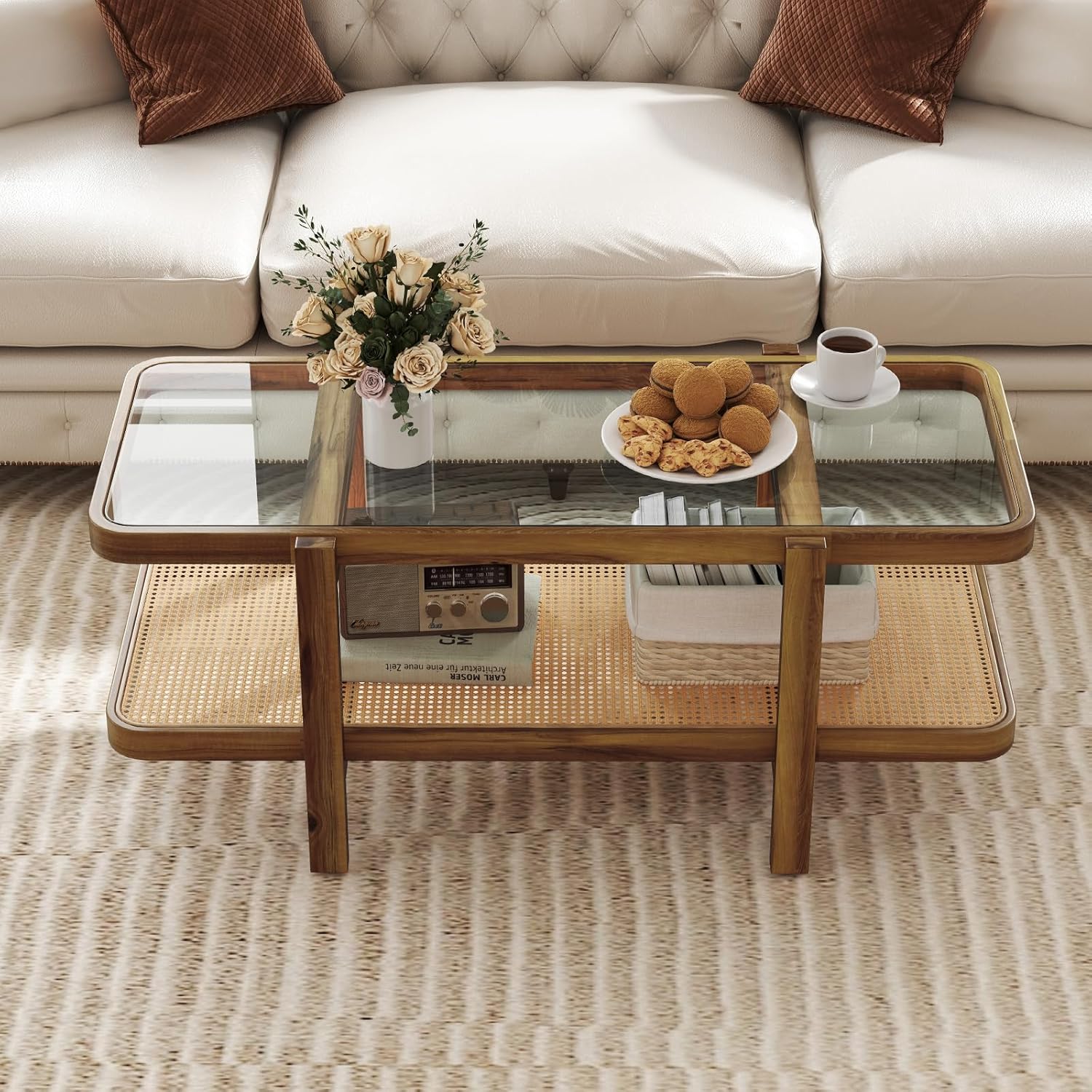 Giantex Rattan Coffee Table, 47.5" Rectangle Solid Wood Tea Table w/Tempered Glass Tabletop, Rattan Storage Shelf, 2-Tier Boho Coffee Tables, Farmhouse Center Table for Living Room (Oak)