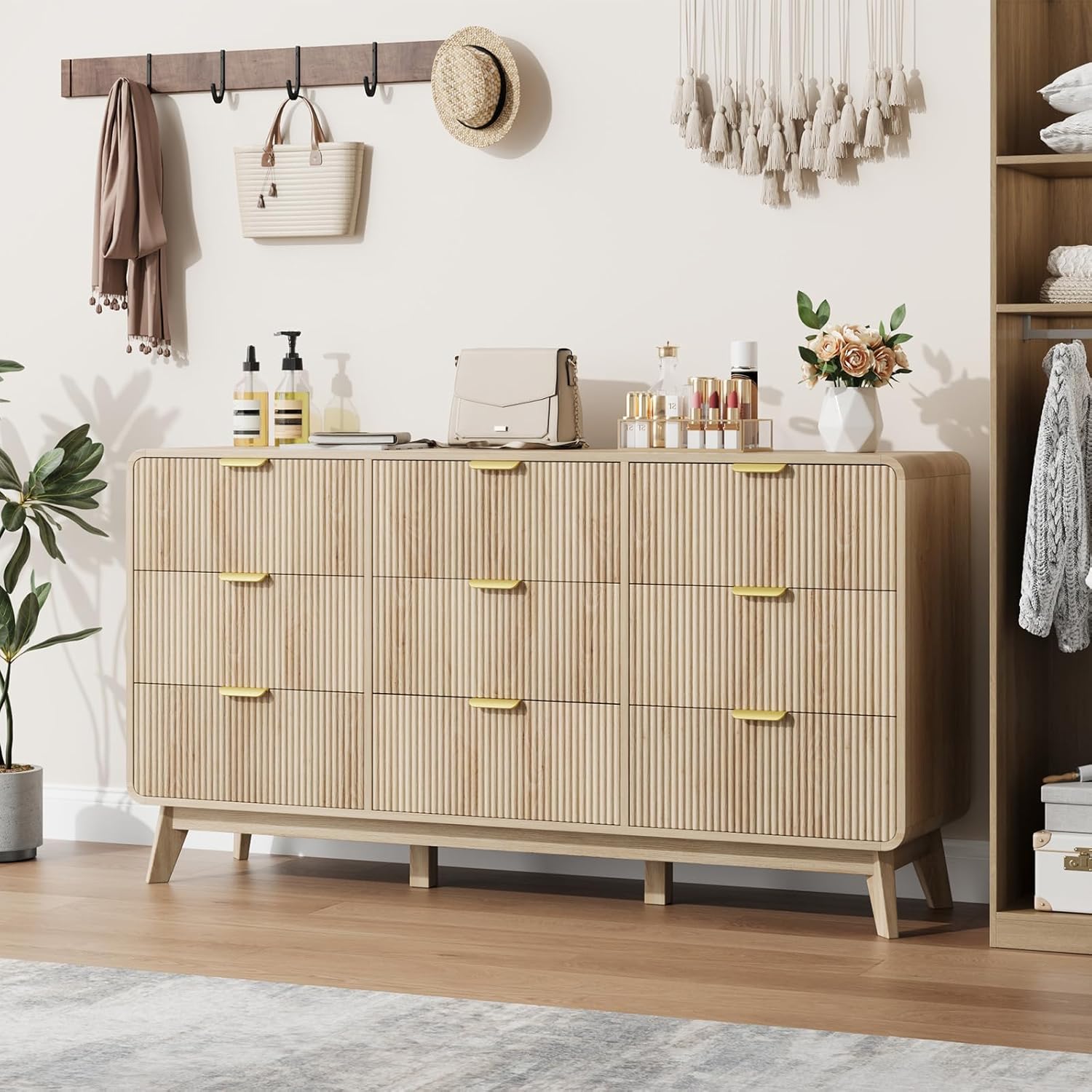 QUW Fluted 59.1" Wide Modern Dresser for Bedroom with 9 Drawers, Tall Chest of Drawers with Metal Handle, Wooden Dresser TV Stand, Hallway, Living Room, Natural Oak